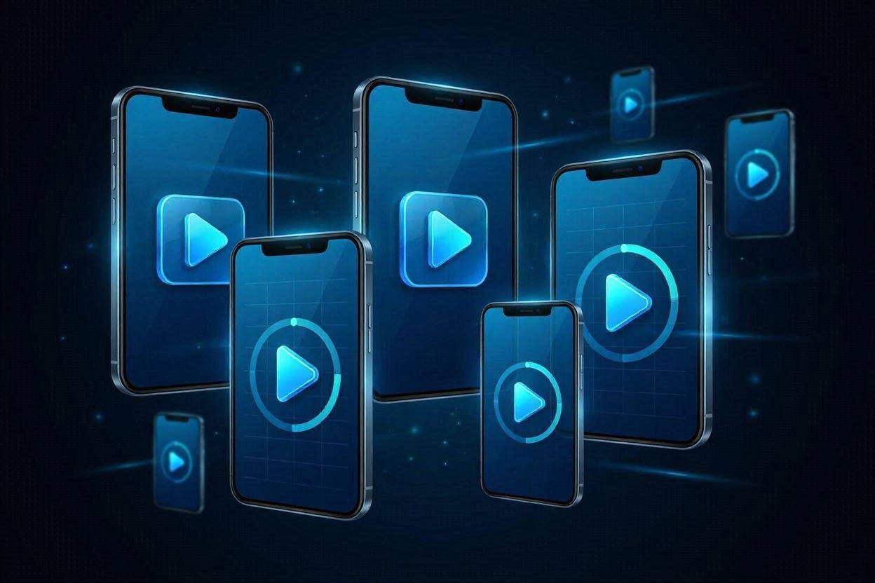 Oynat simgeli dikey videolar gösteren, havada süzülen akıllı telefon ekranları — UGC tarzı tanıtım videolarını simgeleyen görsel