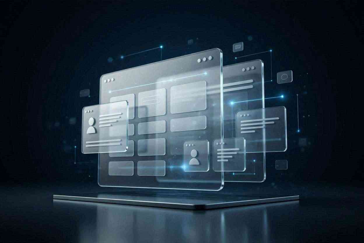 Bir ekranın üzerinde katmanlar hâlinde süzülen cam görünümlü web arayüzü tasarımları